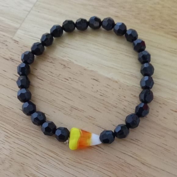 Artisan Jewelry - New blown glass candy corn beaded crystal bracelet hand crafted fall Halloween
